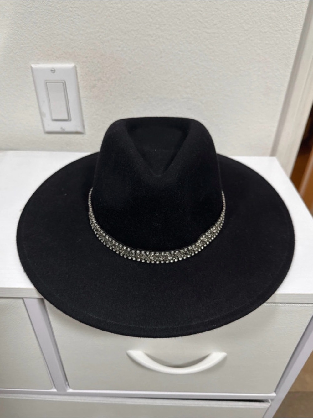 Zara Black Wide-Brim Felt Hat with Crystal Chain Trim